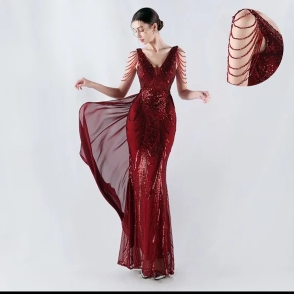 Red Sequin Backless V-Neck Gown - Picture 2 of 10